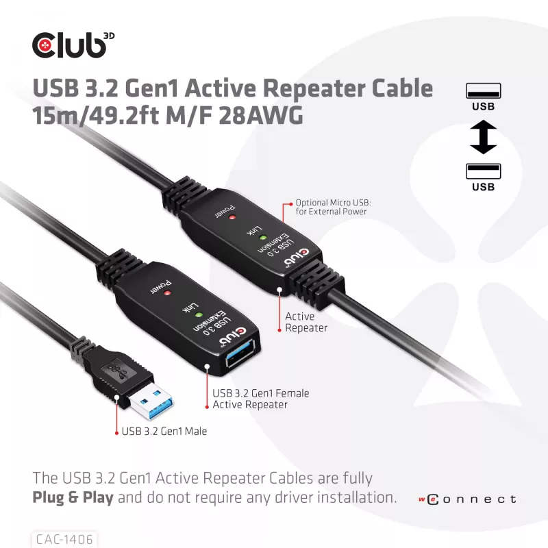 CLUB3D USB 3.2 Gen1 aktives Repeater-Kabel 15 m/ 49.2 ft M/F 28AWG
