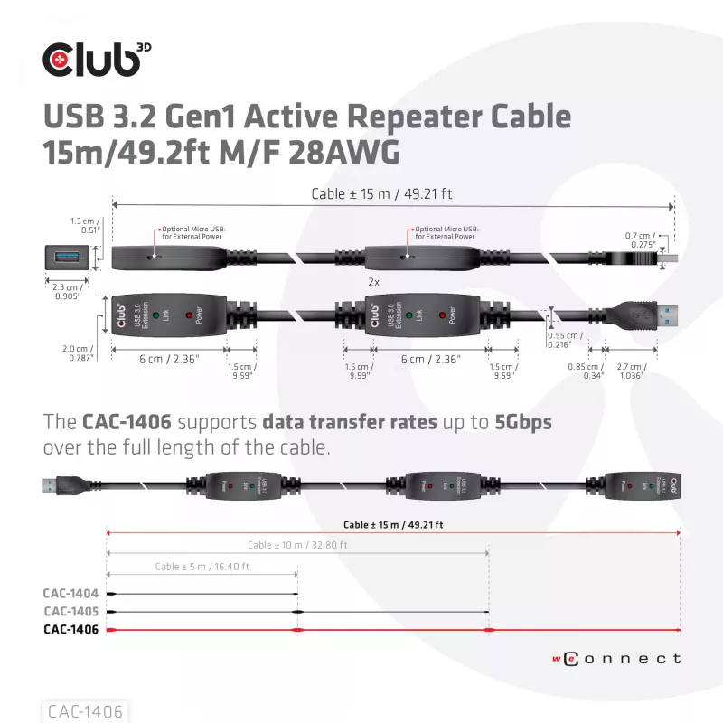 CLUB3D USB 3.2 Gen1 aktives Repeater-Kabel 15 m/ 49.2 ft M/F 28AWG