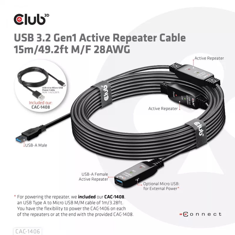 CLUB3D USB 3.2 Gen1 aktives Repeater-Kabel 15 m/ 49.2 ft M/F 28AWG