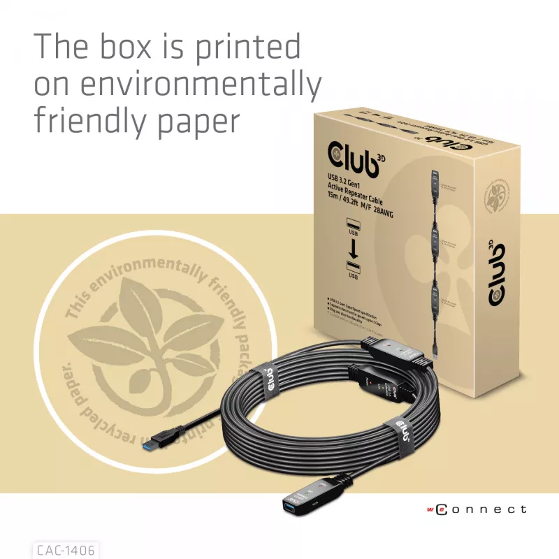 CLUB3D USB 3.2 Gen1 aktives Repeater-Kabel 15 m/ 49.2 ft M/F 28AWG