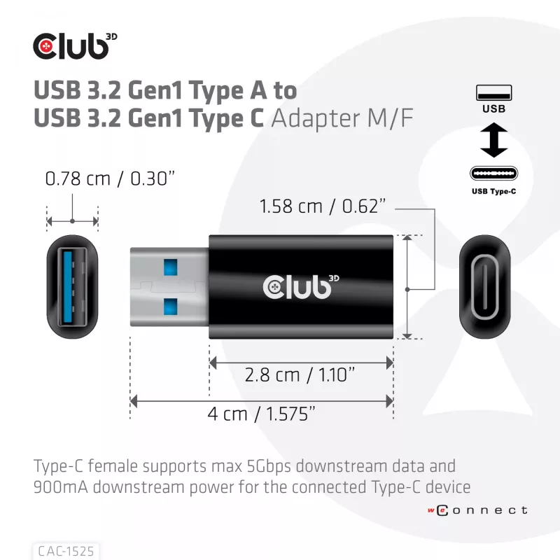 CLUB3D USB 3.2 Gen1 Typ A auf USB 3.2 Gen1 Type C Adapter M/F