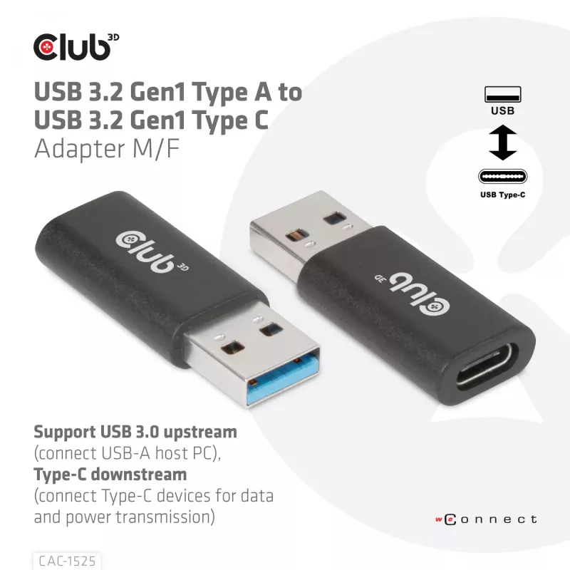 CLUB3D USB 3.2 Gen1 Typ A auf USB 3.2 Gen1 Type C Adapter M/F