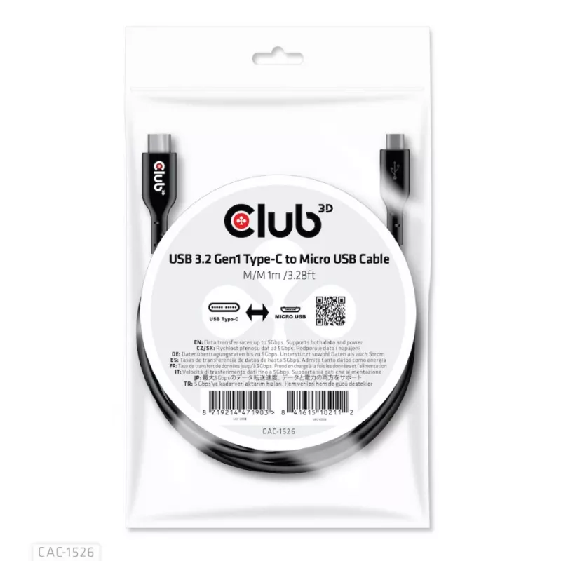 CLUB3D USB 3.2 Gen1 Typ-C-auf-Micro-USB-Kabel M/M 1 m / 3,28 ft