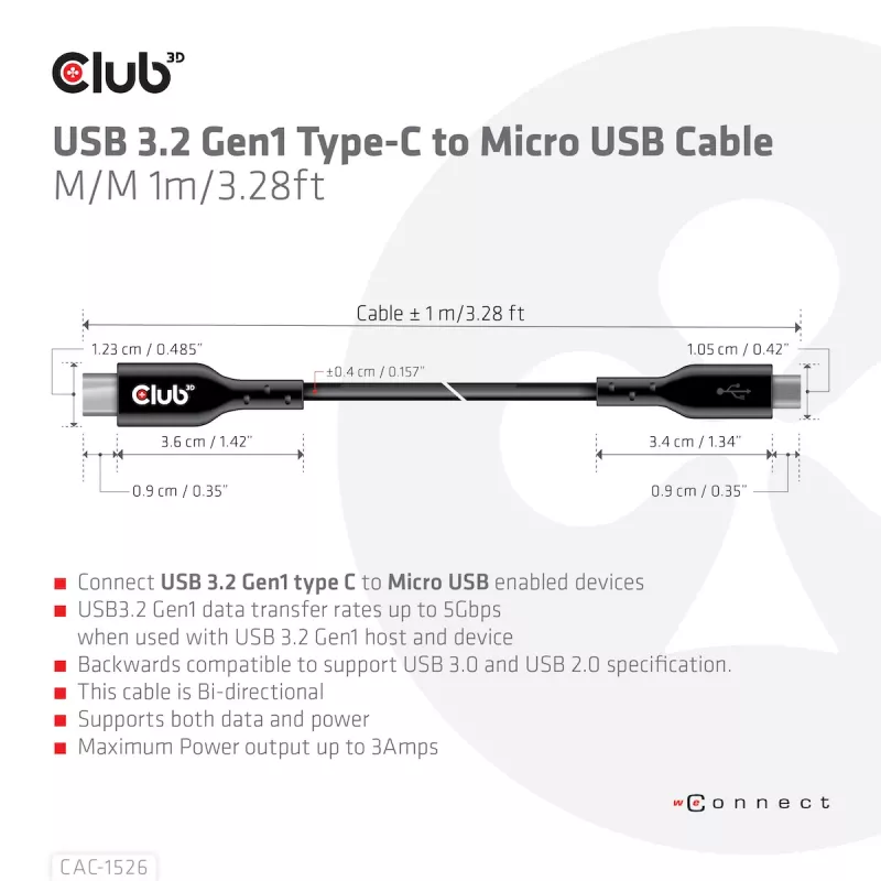 CLUB3D USB 3.2 Gen1 Typ-C-auf-Micro-USB-Kabel M/M 1 m / 3,28 ft