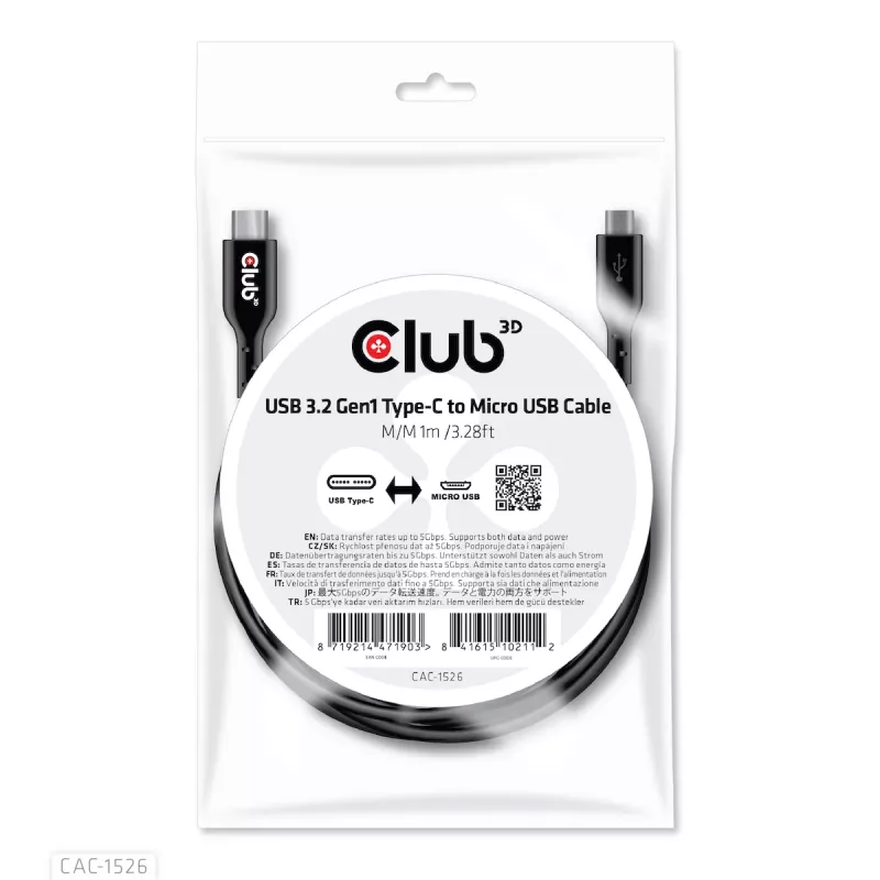 CLUB3D USB 3.2 Gen1 Typ-C-auf-Micro-USB-Kabel M/M 1 m / 3,28 ft