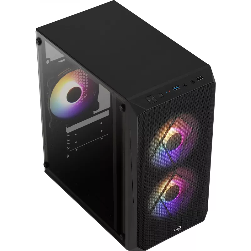 PC-Gehäuse AEROCOOL CS107V2 Mini Tower — Schwarz, microATX/Mini-ITX, 2x120mm Lüfter, 1x3,5 Zoll + 2x2,5 Zoll Einschübe
