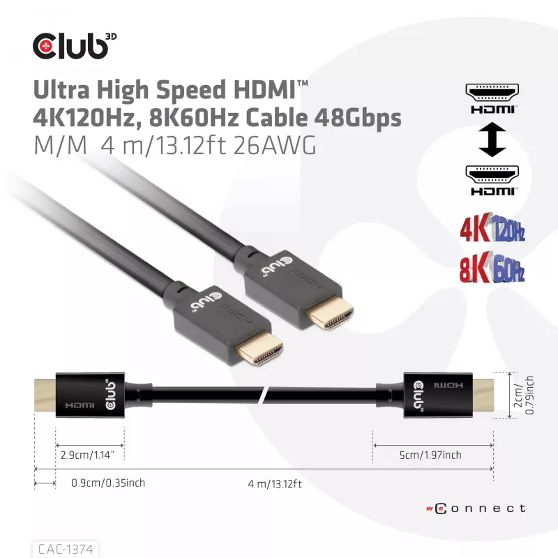 CLUB3D Ultra High Speed HDMI™ 4K120Hz, 8K60Hz Kabel 48Gbps M/M 4 m/13,12ft 26AWG