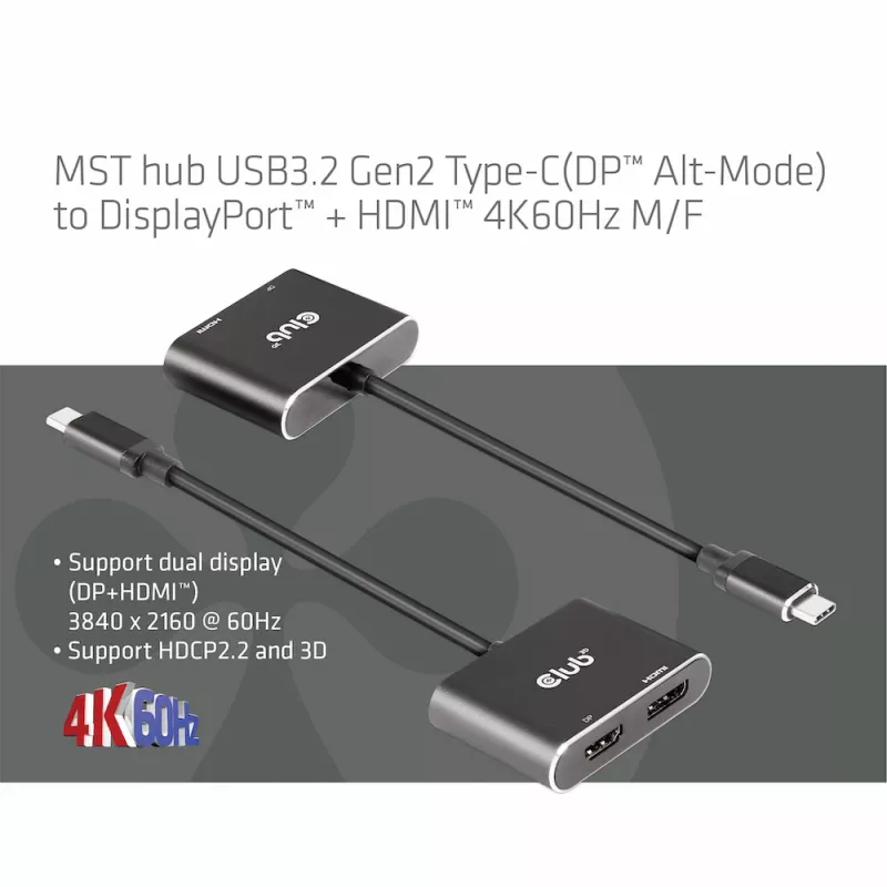 CLUB3D MST-Hub USB3.2 Gen2 Type-C(DP Alt-Mode) auf DisplayPort + HDMI 4K60Hz M/F