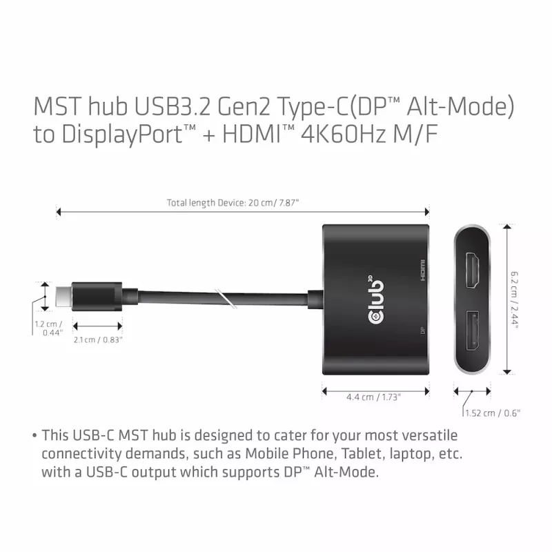 CLUB3D MST-Hub USB3.2 Gen2 Type-C(DP Alt-Mode) auf DisplayPort + HDMI 4K60Hz M/F