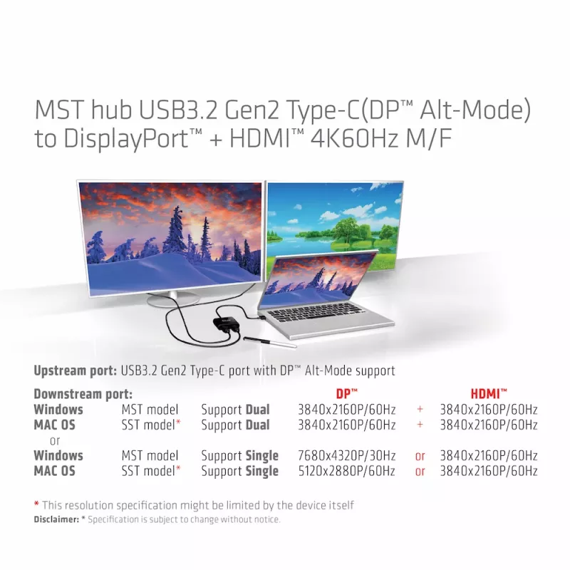 CLUB3D MST-Hub USB3.2 Gen2 Type-C(DP Alt-Mode) auf DisplayPort + HDMI 4K60Hz M/F