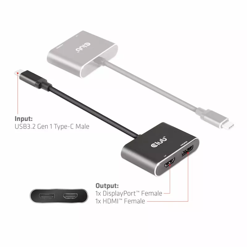 CLUB3D MST-Hub USB3.2 Gen2 Type-C(DP Alt-Mode) auf DisplayPort + HDMI 4K60Hz M/F