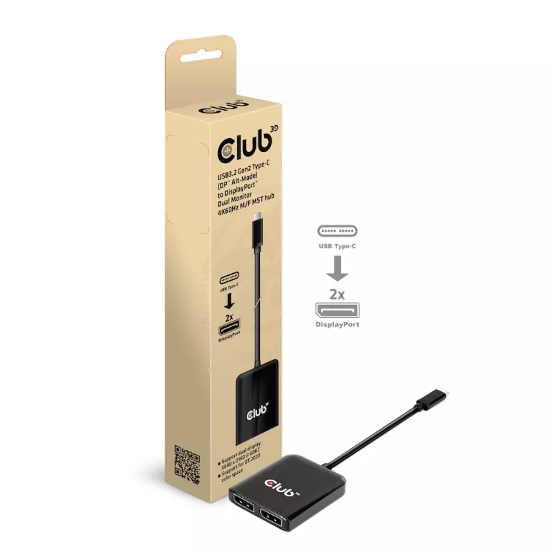 CLUB3D USB3.2 Gen2 Type-C(DP™ Alt-Mode) auf DisplayPort™ Dual-Monitor 4K60Hz M/F MST-Hub