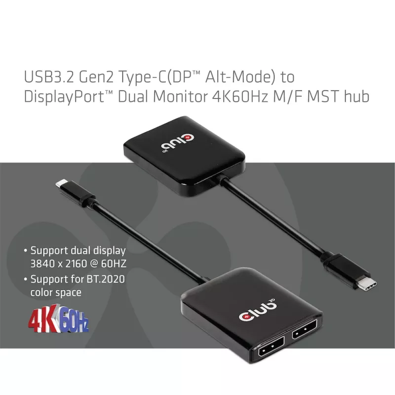 CLUB3D USB3.2 Gen2 Type-C(DP™ Alt-Mode) auf DisplayPort™ Dual-Monitor 4K60Hz M/F MST-Hub