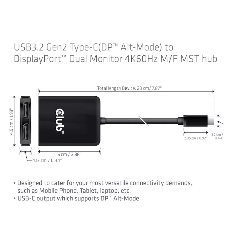 CLUB3D USB3.2 Gen2 Type-C(DP™ Alt-Mode) auf DisplayPort™ Dual-Monitor 4K60Hz M/F MST-Hub
