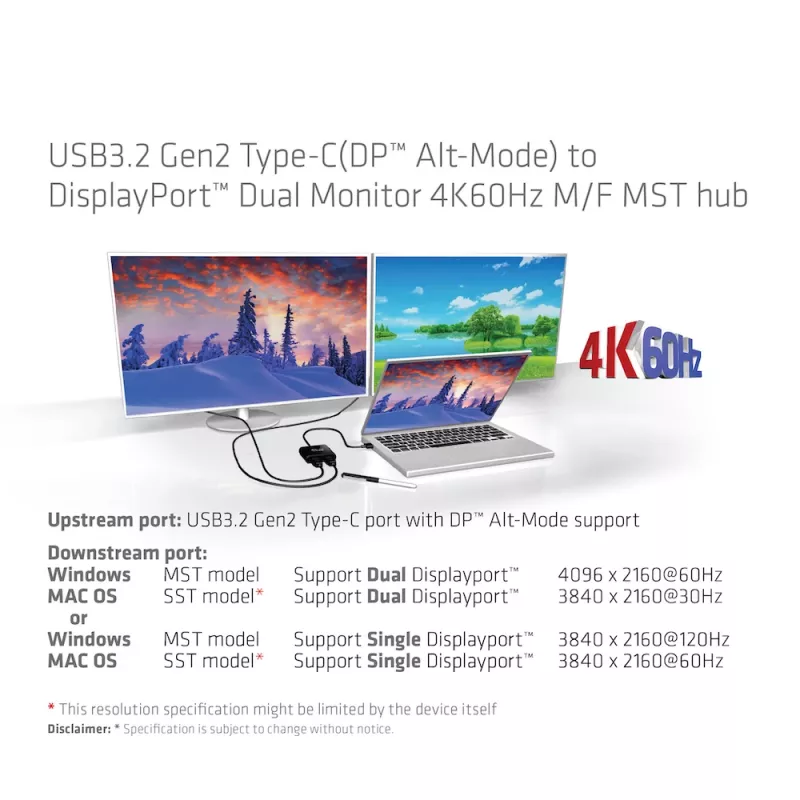 CLUB3D USB3.2 Gen2 Type-C(DP™ Alt-Mode) auf DisplayPort™ Dual-Monitor 4K60Hz M/F MST-Hub
