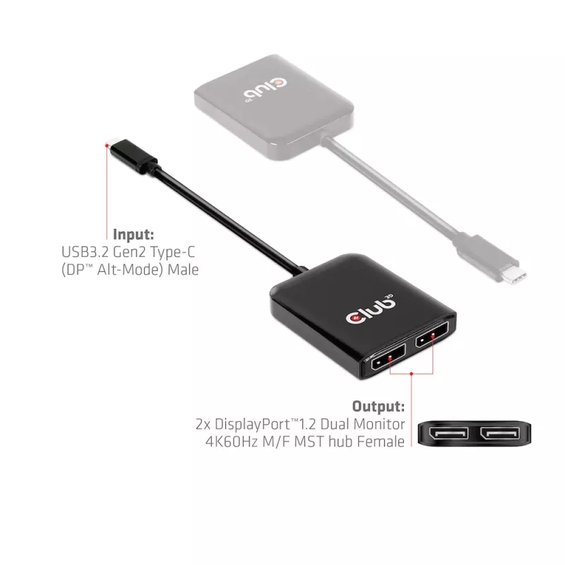 CLUB3D USB3.2 Gen2 Type-C(DP™ Alt-Mode) auf DisplayPort™ Dual-Monitor 4K60Hz M/F MST-Hub