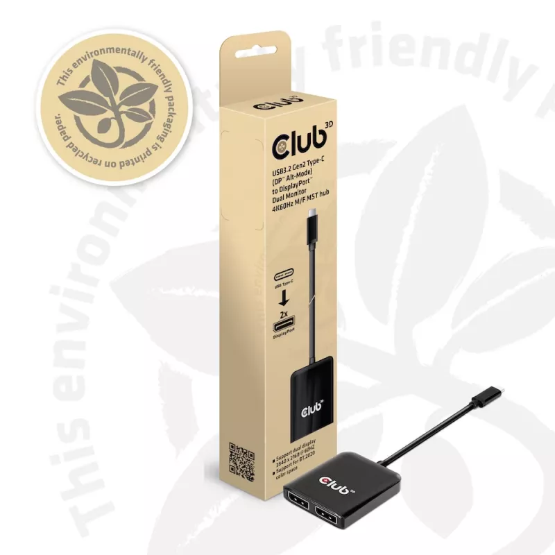 CLUB3D USB3.2 Gen2 Type-C(DP™ Alt-Mode) auf DisplayPort™ Dual-Monitor 4K60Hz M/F MST-Hub