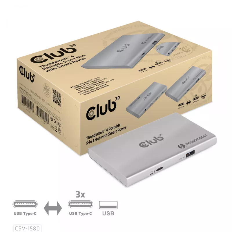 CLUB3D Zertifizierter Thunderbolt™4 Portabler 5-in-1 Hub mit Smart Power