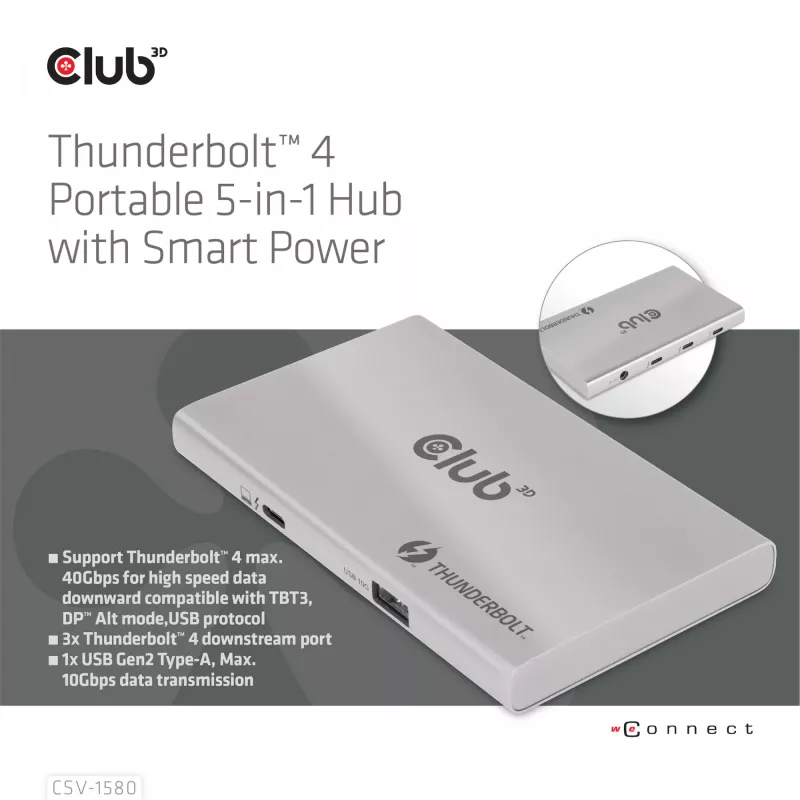 CLUB3D Zertifizierter Thunderbolt™4 Portabler 5-in-1 Hub mit Smart Power