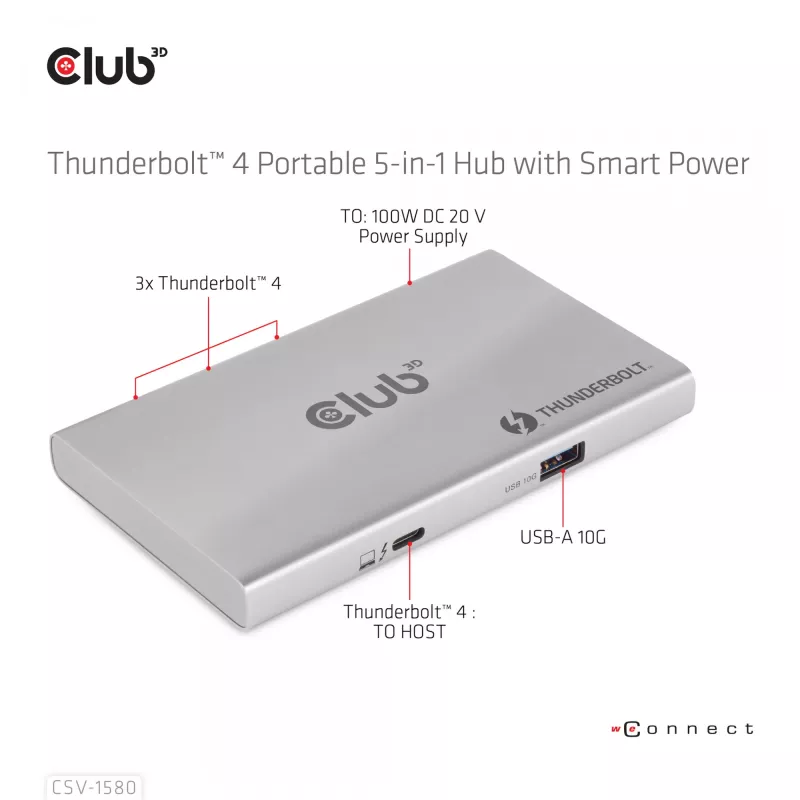 CLUB3D Zertifizierter Thunderbolt™4 Portabler 5-in-1 Hub mit Smart Power