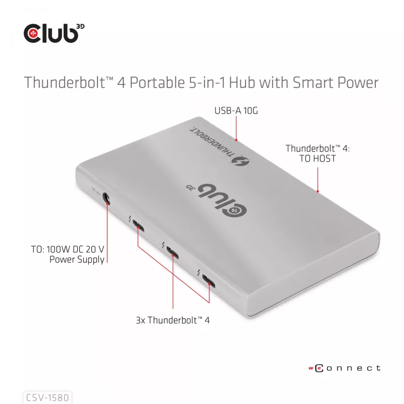 CLUB3D Zertifizierter Thunderbolt™4 Portabler 5-in-1 Hub mit Smart Power