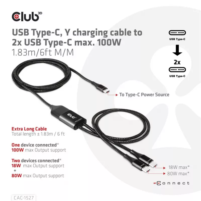 CLUB3D USB Type-C, Y-Ladekabel auf 2x USB Type-C, max. 100W, 1,83m/6ft M/M