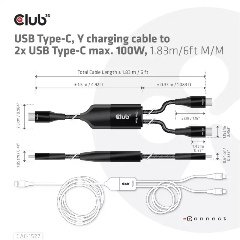 CLUB3D USB Type-C, Y-Ladekabel auf 2x USB Type-C, max. 100W, 1,83m/6ft M/M