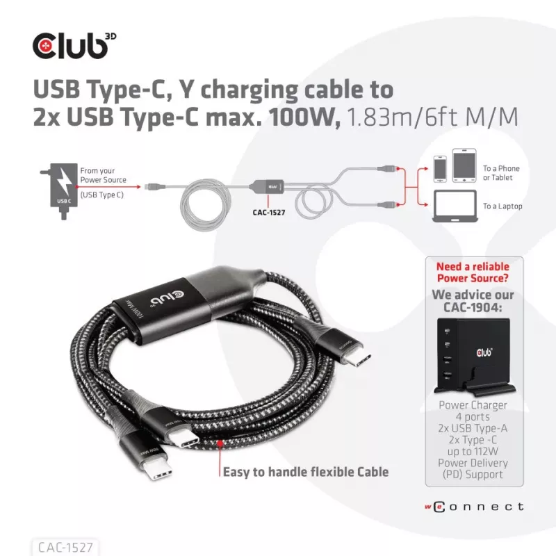 CLUB3D USB Type-C, Y-Ladekabel auf 2x USB Type-C, max. 100W, 1,83m/6ft M/M