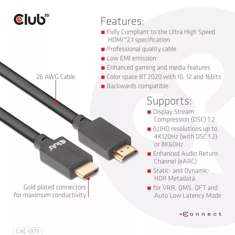 CLUB3D Ultra High Speed HDMI™ Certified Cable 4K120Hz 8K60Hz 48Gbps M/M 5m/16.4ft