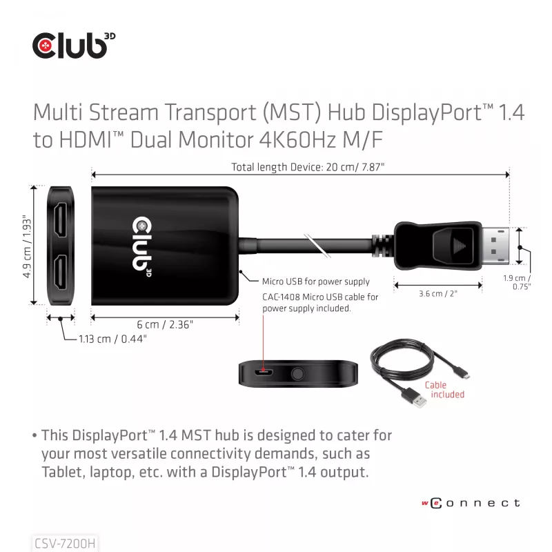 CLUB3D Multi Stream Transport (MST) Hub DisplayPort 1.4 auf HDMI Dual Monitor 4K60Hz M/F