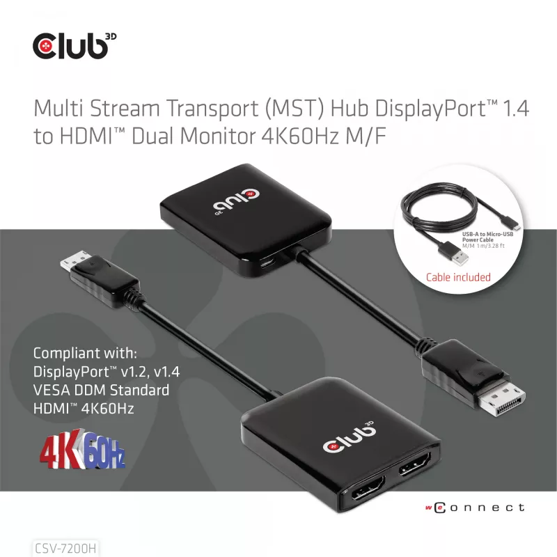CLUB3D Multi Stream Transport (MST) Hub DisplayPort 1.4 auf HDMI Dual Monitor 4K60Hz M/F