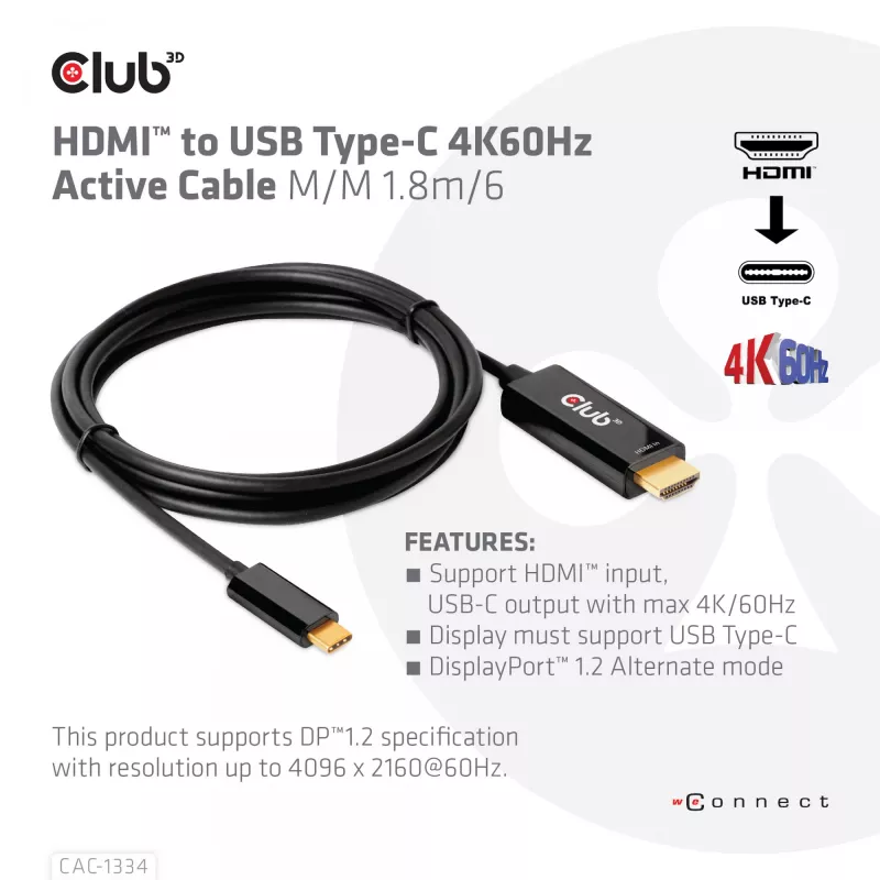 CLUB3D HDMI auf USB Type-C 4K60Hz Aktives Kabel M/M 1,8 m/6 ft