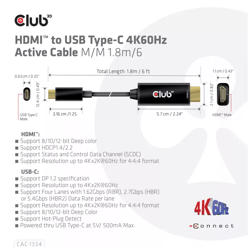 CLUB3D HDMI auf USB Type-C 4K60Hz Aktives Kabel M/M 1,8 m/6 ft