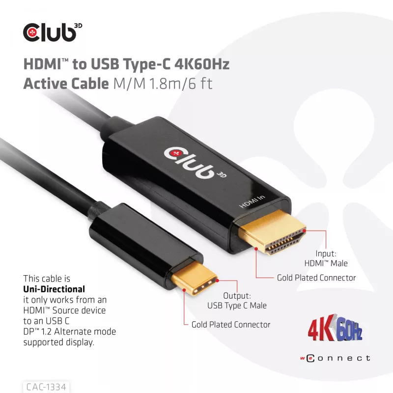 CLUB3D HDMI auf USB Type-C 4K60Hz Aktives Kabel M/M 1,8 m/6 ft