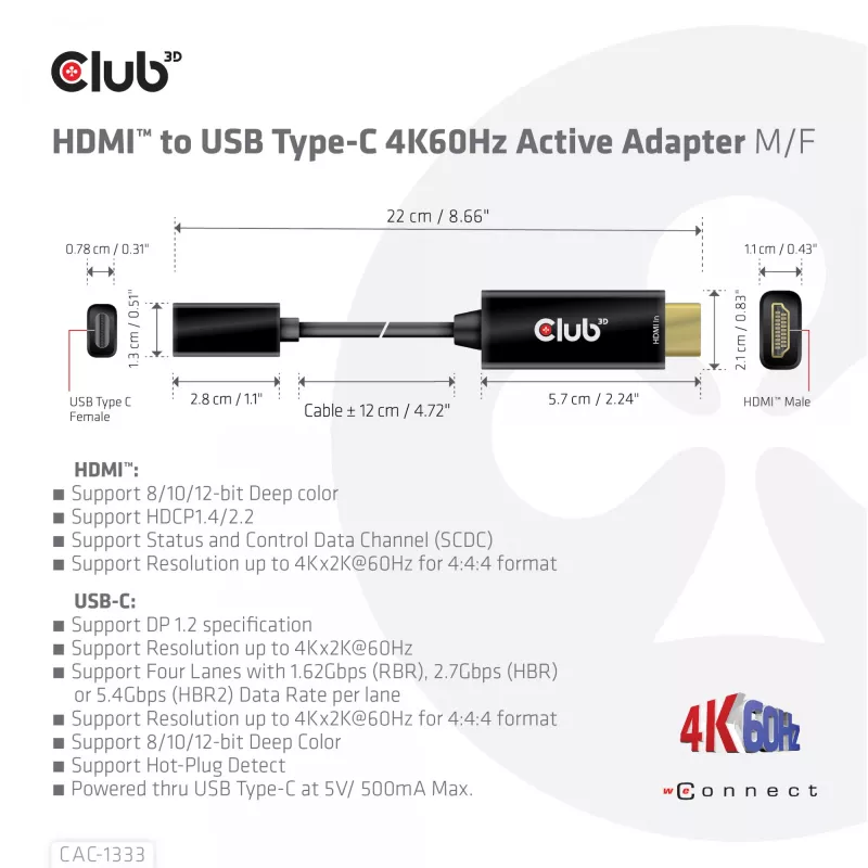 CLUB3D HDMI auf USB Typ-C aktiver Adapter 4K60Hz M/F