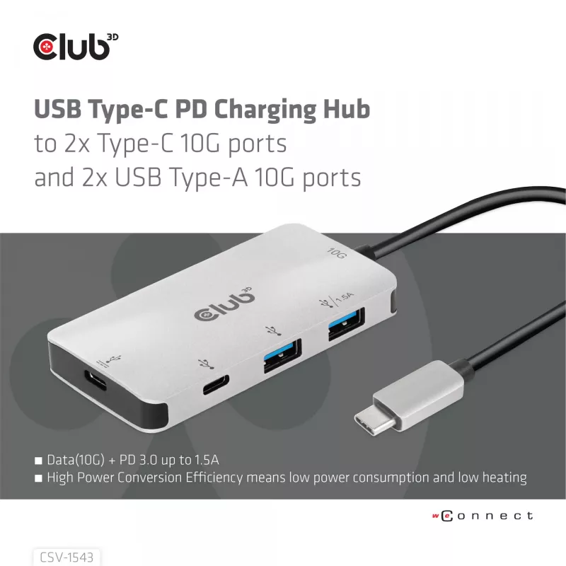 CLUB3D USB Gen2 Type-C PD-Lade-Hub auf 2x Type-C 10G-Ports und 2x USB Type-A 10G-Ports