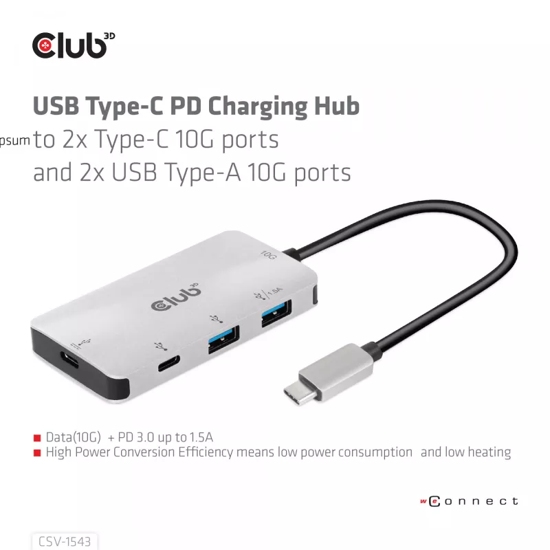 CLUB3D USB Gen2 Type-C PD-Lade-Hub auf 2x Type-C 10G-Ports und 2x USB Type-A 10G-Ports