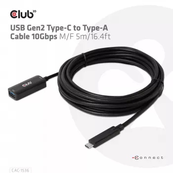 CLUB3D USB Gen2 Typ-C-auf-Typ-A-Kabel 10Gbps M/F 5m/16.4ft
