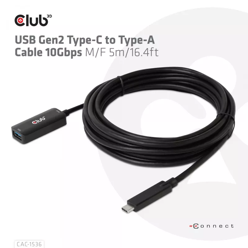 CLUB3D USB Gen2 Typ-C-auf-Typ-A-Kabel 10Gbps M/F 5m/16.4ft