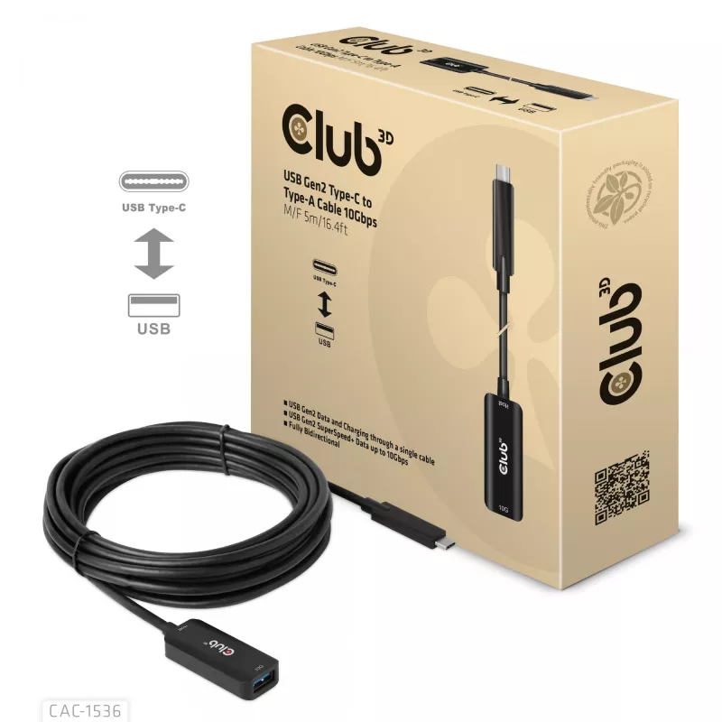 CLUB3D USB Gen2 Typ-C-auf-Typ-A-Kabel 10Gbps M/F 5m/16.4ft