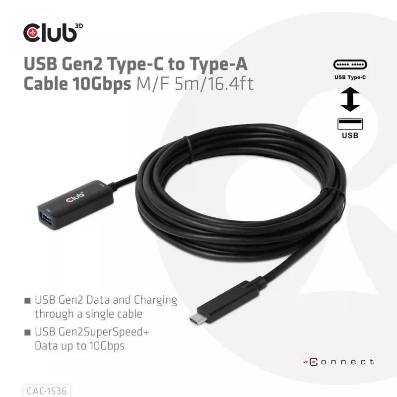 CLUB3D USB Gen2 Typ-C-auf-Typ-A-Kabel 10Gbps M/F 5m/16.4ft