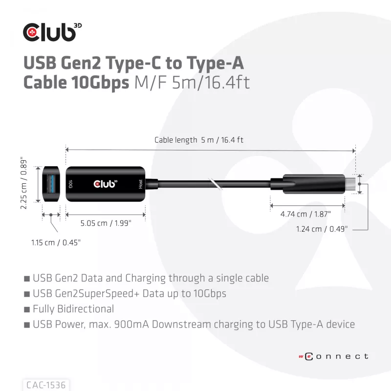 CLUB3D USB Gen2 Typ-C-auf-Typ-A-Kabel 10Gbps M/F 5m/16.4ft