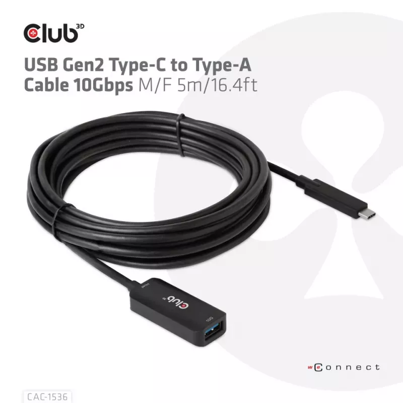 CLUB3D USB Gen2 Typ-C-auf-Typ-A-Kabel 10Gbps M/F 5m/16.4ft