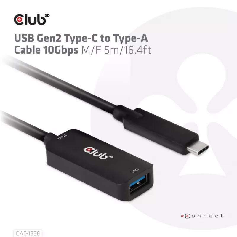 CLUB3D USB Gen2 Typ-C-auf-Typ-A-Kabel 10Gbps M/F 5m/16.4ft