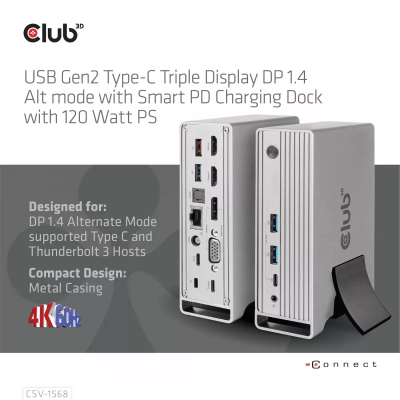 Docking Station CLUB3D CSV-1568 Metallgehäuse USB Gen2 Type-C USB Gen2 Type-A HDMI DP VGA RJ45 120W