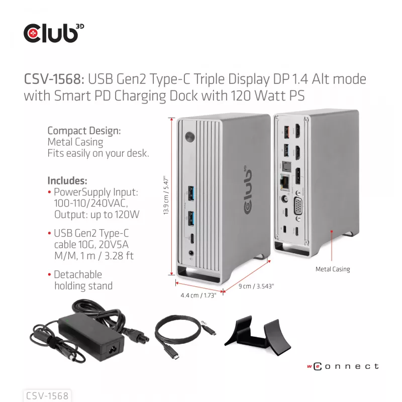 Docking Station CLUB3D CSV-1568 Metallgehäuse USB Gen2 Type-C USB Gen2 Type-A HDMI DP VGA RJ45 120W