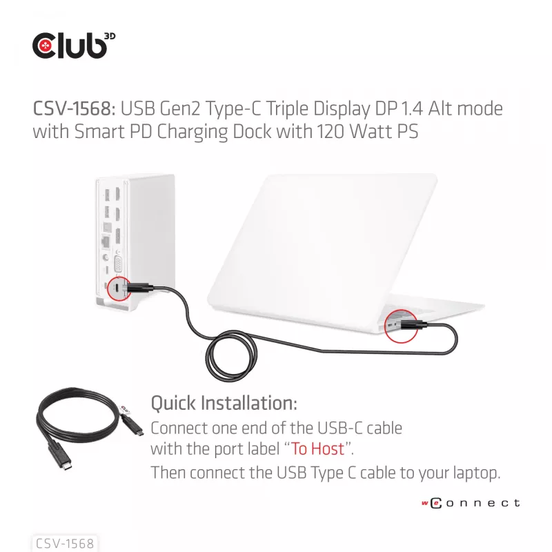 Docking Station CLUB3D CSV-1568 Metallgehäuse USB Gen2 Type-C USB Gen2 Type-A HDMI DP VGA RJ45 120W