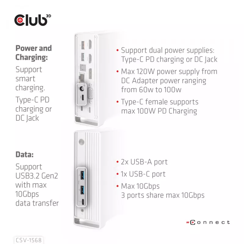 Docking Station CLUB3D CSV-1568 Metallgehäuse USB Gen2 Type-C USB Gen2 Type-A HDMI DP VGA RJ45 120W