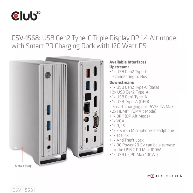 Docking Station CLUB3D CSV-1568 Metallgehäuse USB Gen2 Type-C USB Gen2 Type-A HDMI DP VGA RJ45 120W