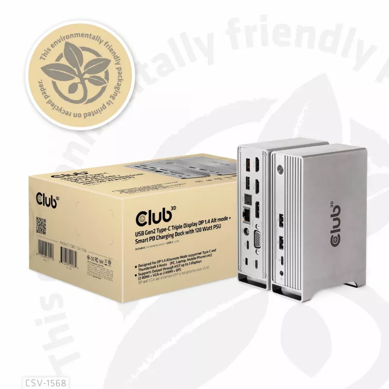 Docking Station CLUB3D CSV-1568 Metallgehäuse USB Gen2 Type-C USB Gen2 Type-A HDMI DP VGA RJ45 120W
